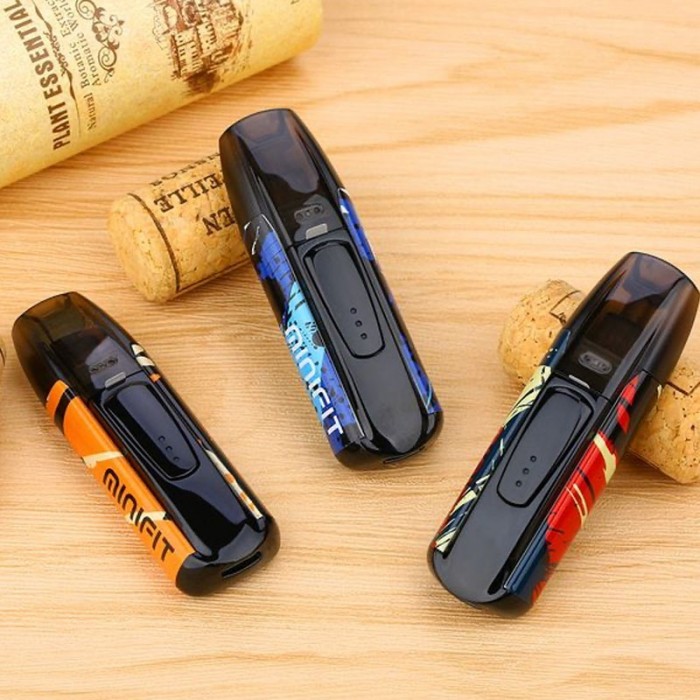 Justfog Minifit Pod Mod çeşitleri, siyah gövdeli, renkli baskılı, kompakt elektronik sigara.