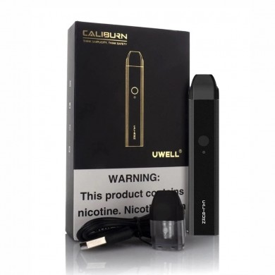 Uwell Caliburn Pod Mod Siyah, şarj kablosu ve kartuşlu set.