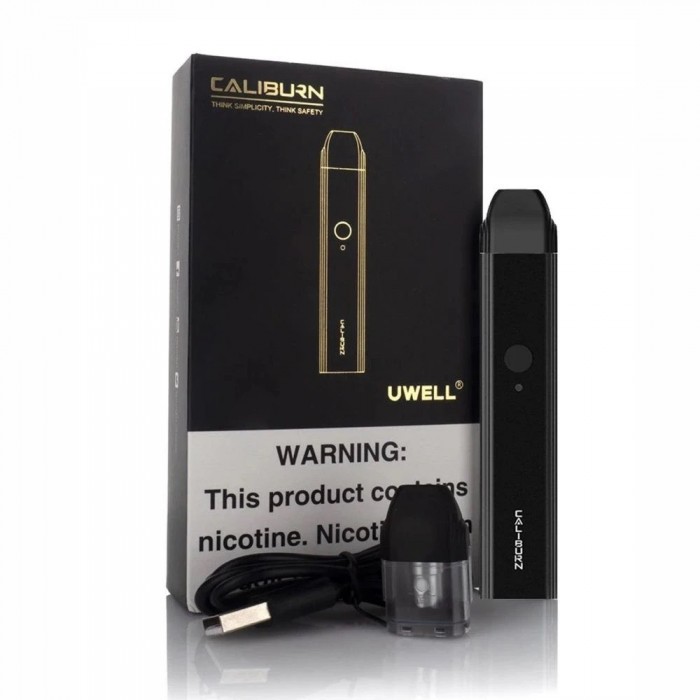 Uwell Caliburn Pod Mod Siyah, şarj kablosu ve kartuşlu set.