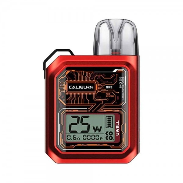 Kırmızı Uwell Caliburn GK3 Pod 25W elektronik sigara cihazı, dijital ekranlı.