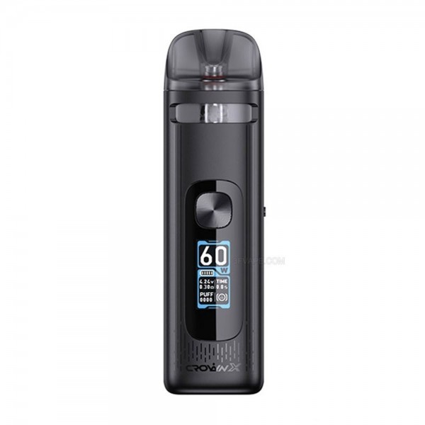 Siyah Uwell Crown X Pod 60W elektronik sigara cihazı ve ekran görüntüsü.