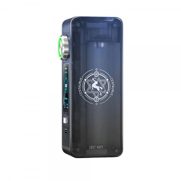 Lost Vape Centaurus N100 Mod koyu gri, şeffaf gövde, yeşil ışıklı ayar düğmesi.