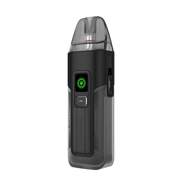 Vaporesso LUXE X2 Pod Siyah, şeffaf gövdeli, yeşil ışıklı elektronik sigara.