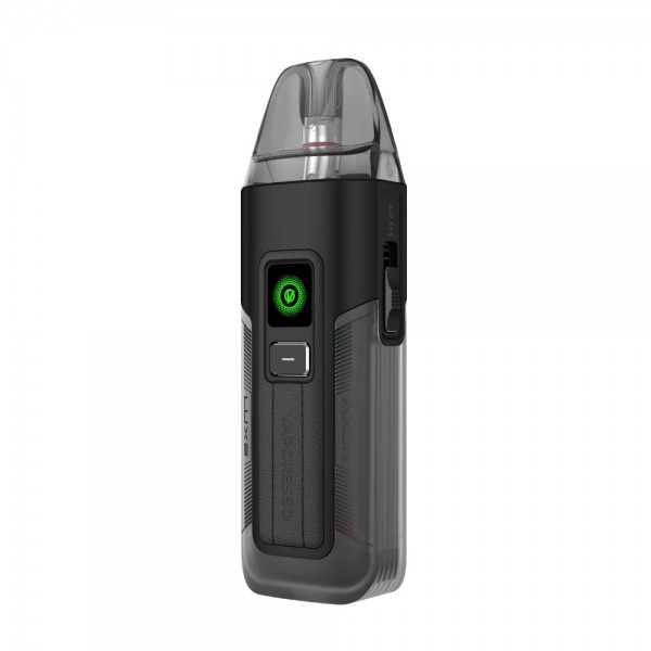 Vaporesso LUXE X2 Pod Siyah, şeffaf gövdeli, yeşil ışıklı elektronik sigara.