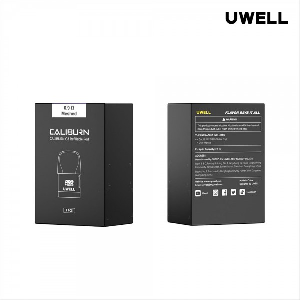 Uwell Caliburn G3 Kartuş 0.9Ω Mesh, 4'lü paket, siyah kutu.