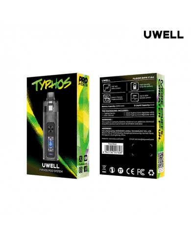 Uwell Typhos Pod Kit Siyah renkli, 2000 mAh bataryalı kutu içeriği.