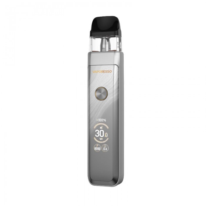 Vaporesso Xros Pro Pod 30W gümüş renkli, ekranlı elektronik sigara cihazı.