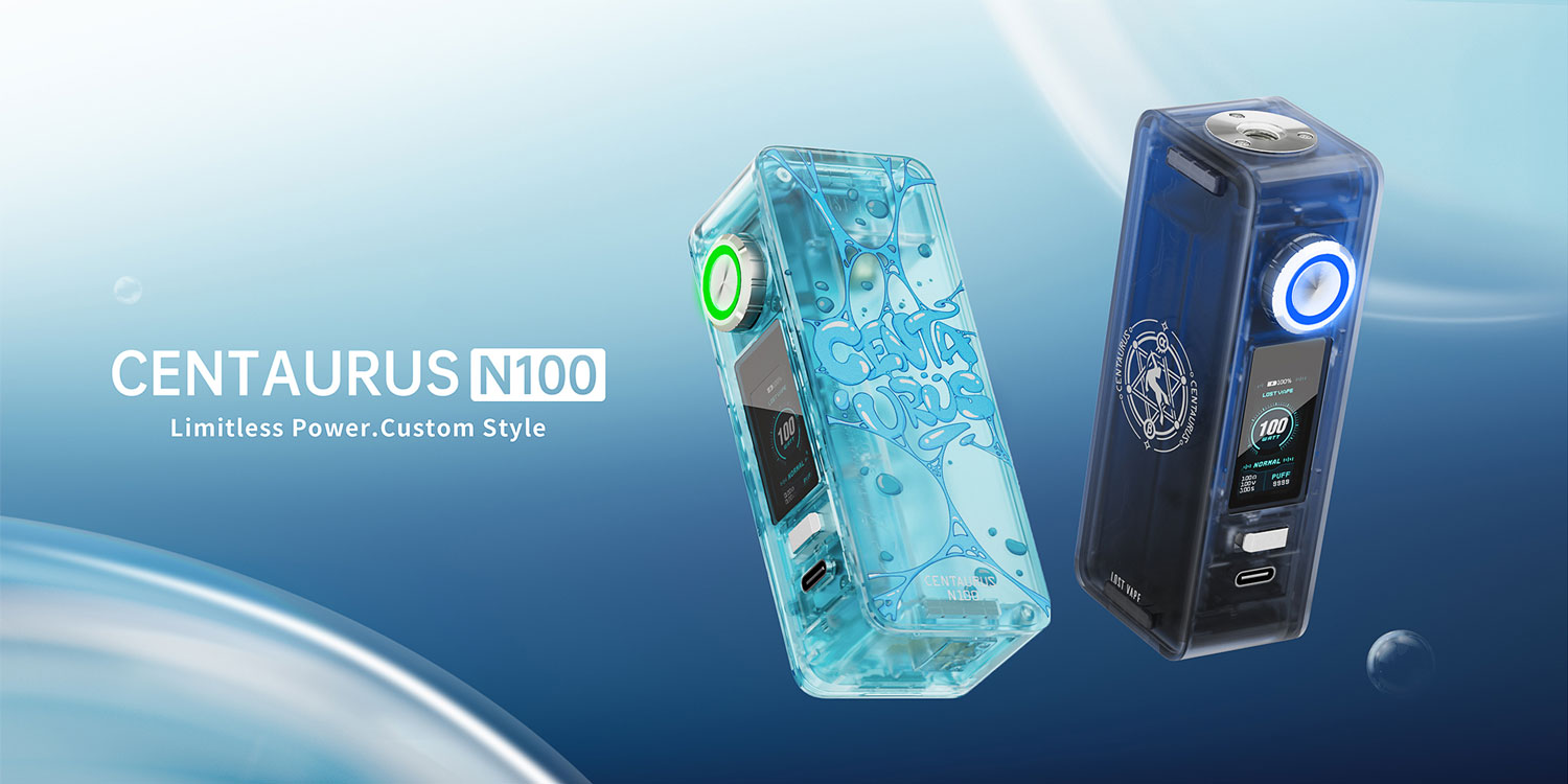 Lost Vape Centaurus N100 mod cihazı, şeffaf mavi ve koyu renk seçenekleri.