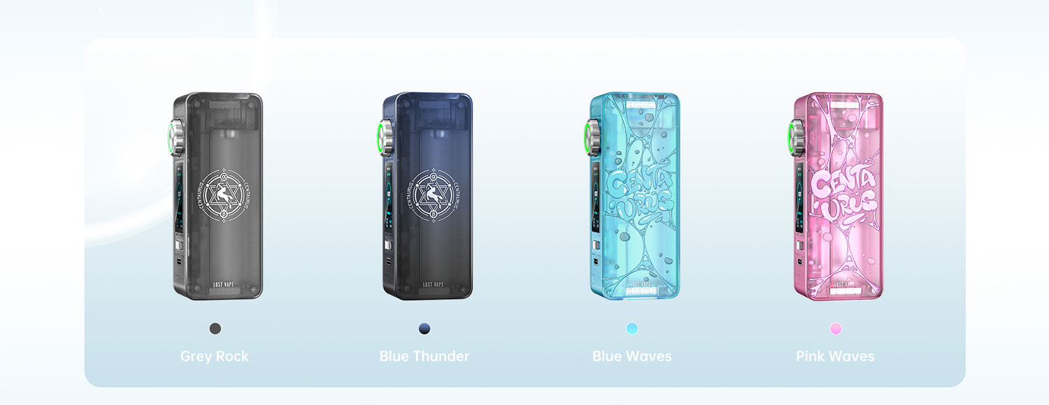 Lost Vape Centaurus N100 Mod renk seçenekleri: Grey Rock, Blue Thunder, Waves.
