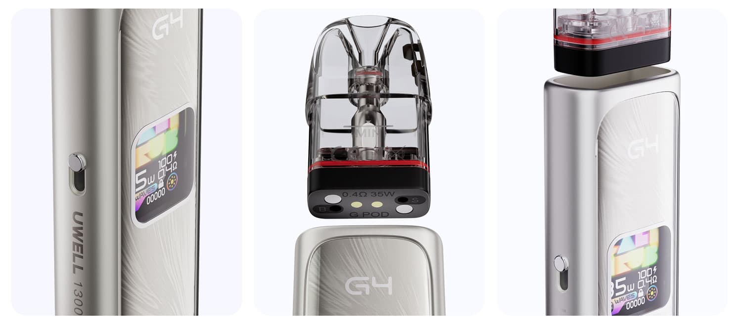 Uwell Caliburn G4 Pod 35w gümüş renkli gövde ve kartuş detayı.