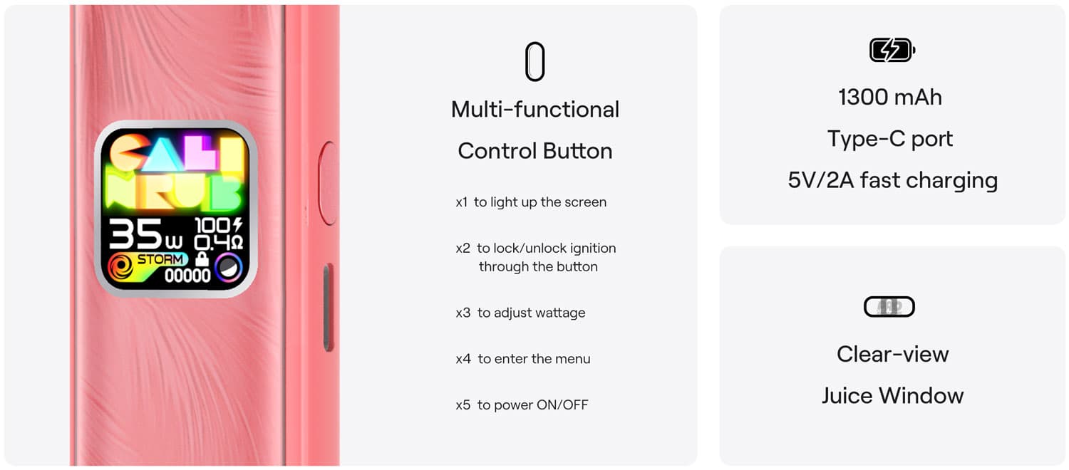 Uwell Caliburn G4 pembe renkli gövde, ekran ve özellikler özeti.
