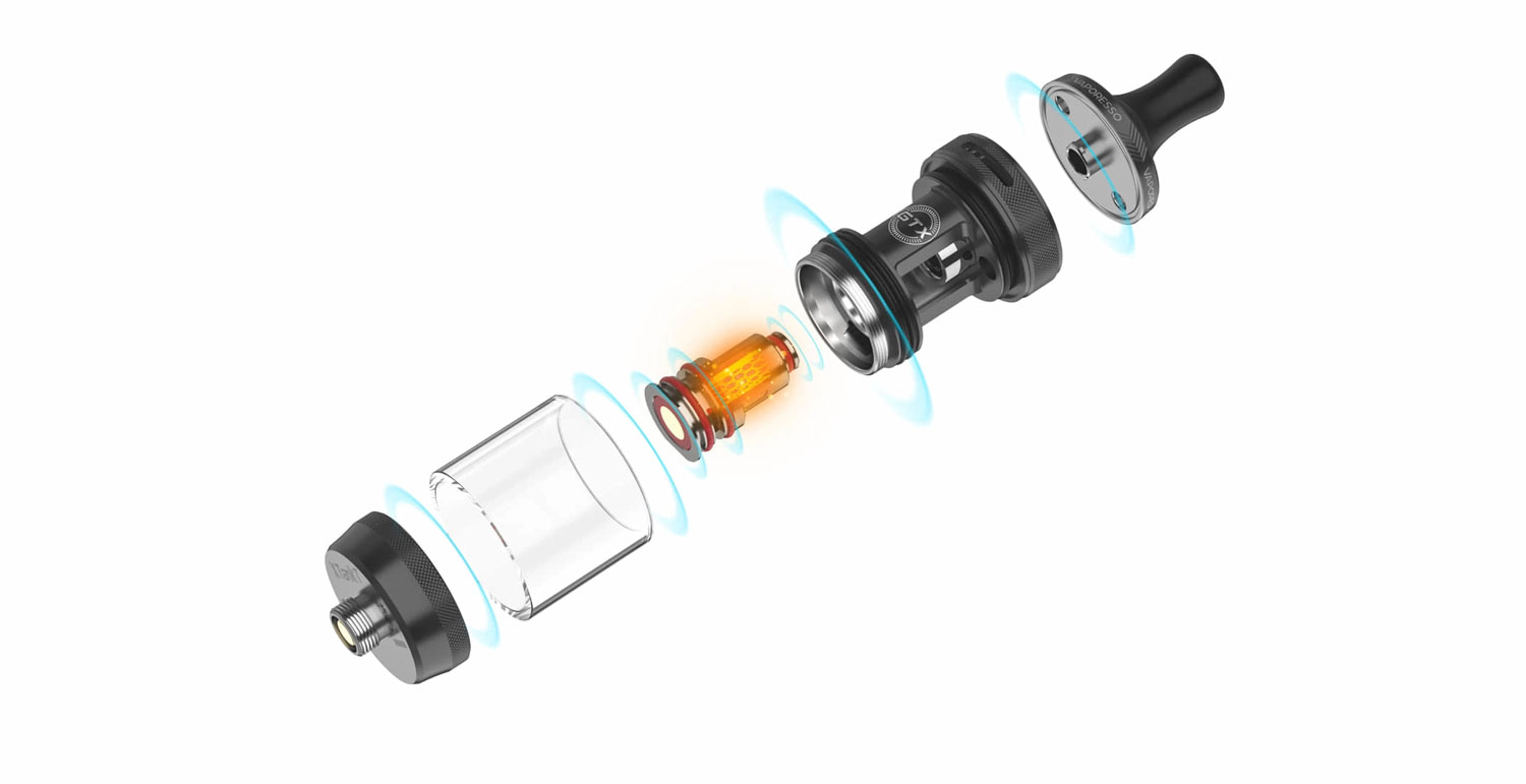 Vaporesso GTX One Pro tank parçaları ve GTX coil patlatılmış görünümü.
