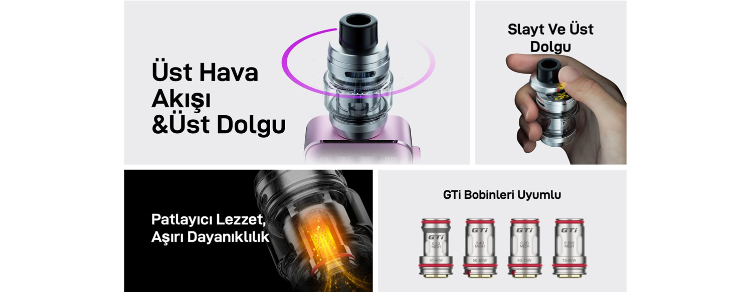 Vaporesso iTank T özellikleri: Hava akışı, dolum ve GTI bobin uyumu.