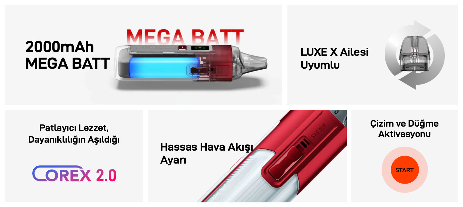 Vaporesso LUXE X2 Pod özellikleri: 2000mAh pil, COREX 2.0, hava akışı ayarı.